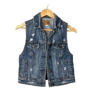American Eagle Denim Vest Distressed Medium Wash‎ Jean Sleeveless Size Small